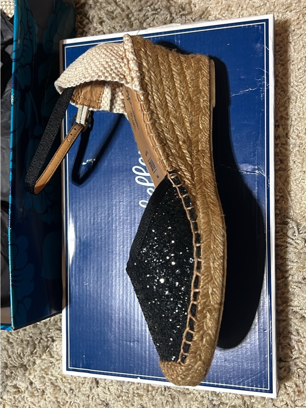 Seychelles Black Glitter Espadrille Wedge with Natural Ankle Strap